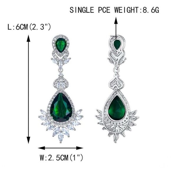 Silver with Emerald and Diamond Cubic Zirconia Vintage Style Chandelier Earrings - Picture 4 of 5